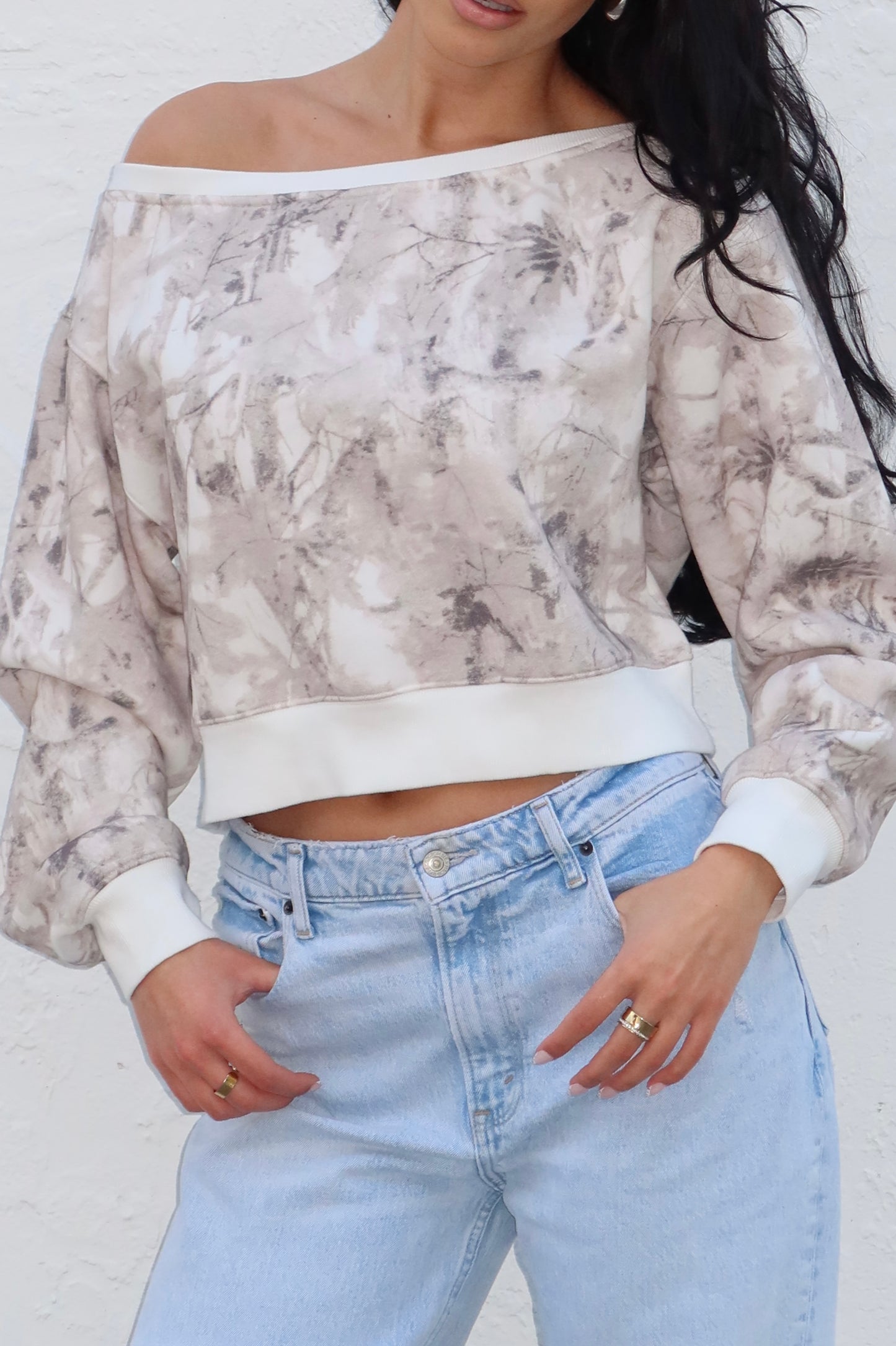 Camo Off Shoulder Fleece Sweatshirt