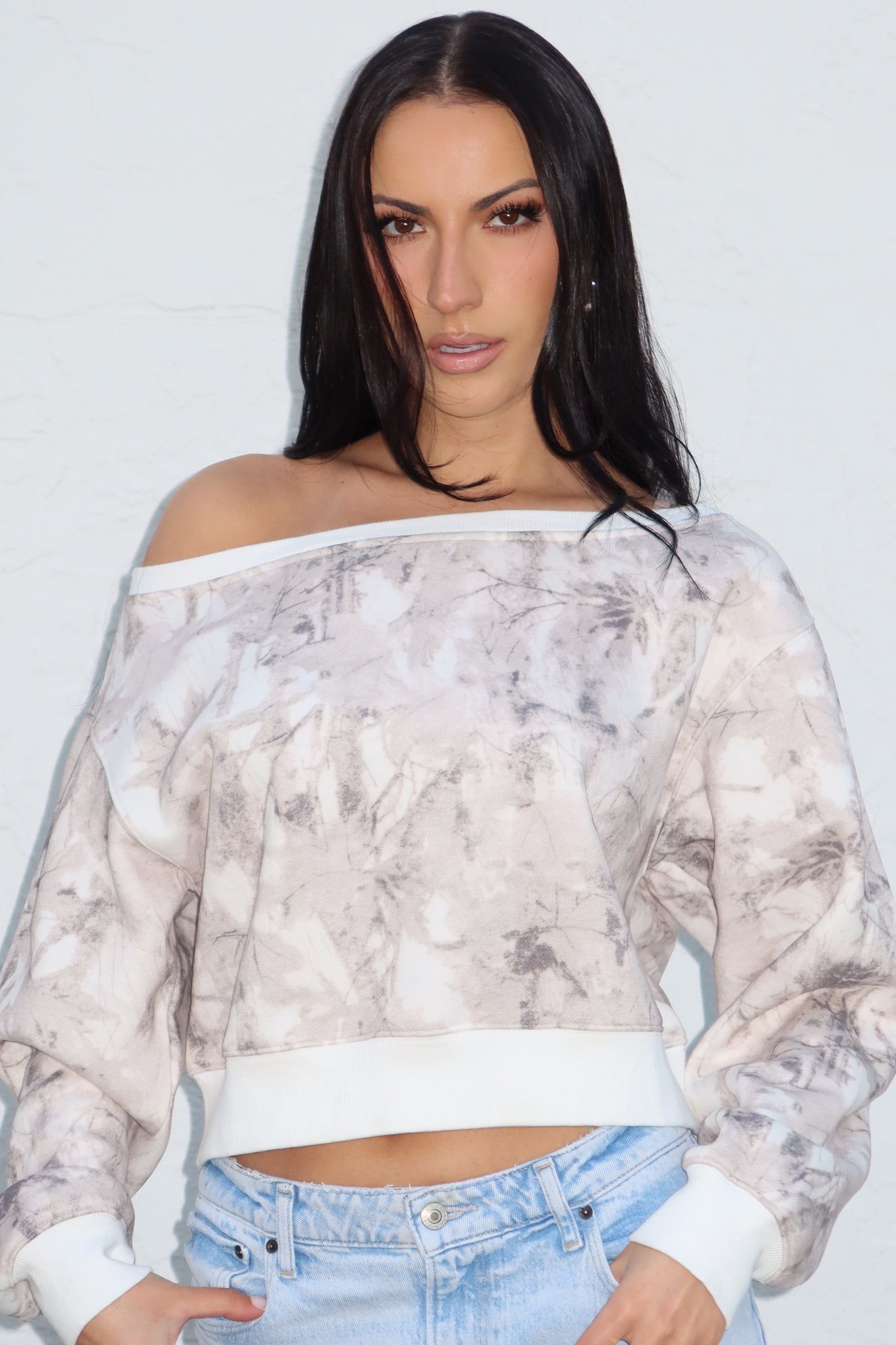 Camo Off Shoulder Fleece Sweatshirt